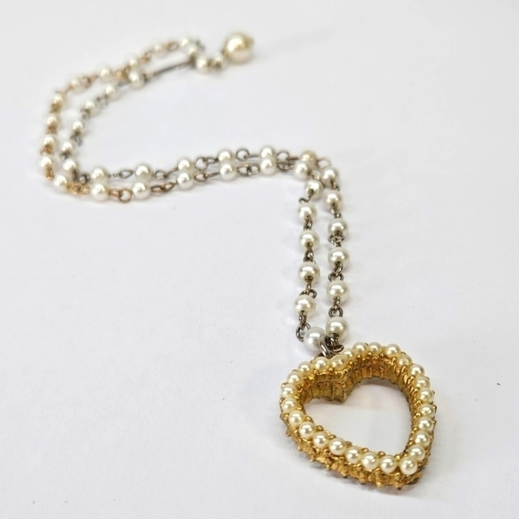 VINTAGE Reversible Aurora Borealis AB Rhinestone and Faux Pearl Heart Necklace - Picture 1 of 7
